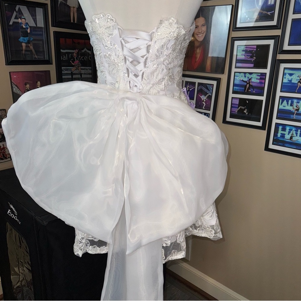 Miss Veil Wedding Lace Mini Dress Strapless Beach Wedding Prim Dance Organza Bow - Picture 13 of 16
